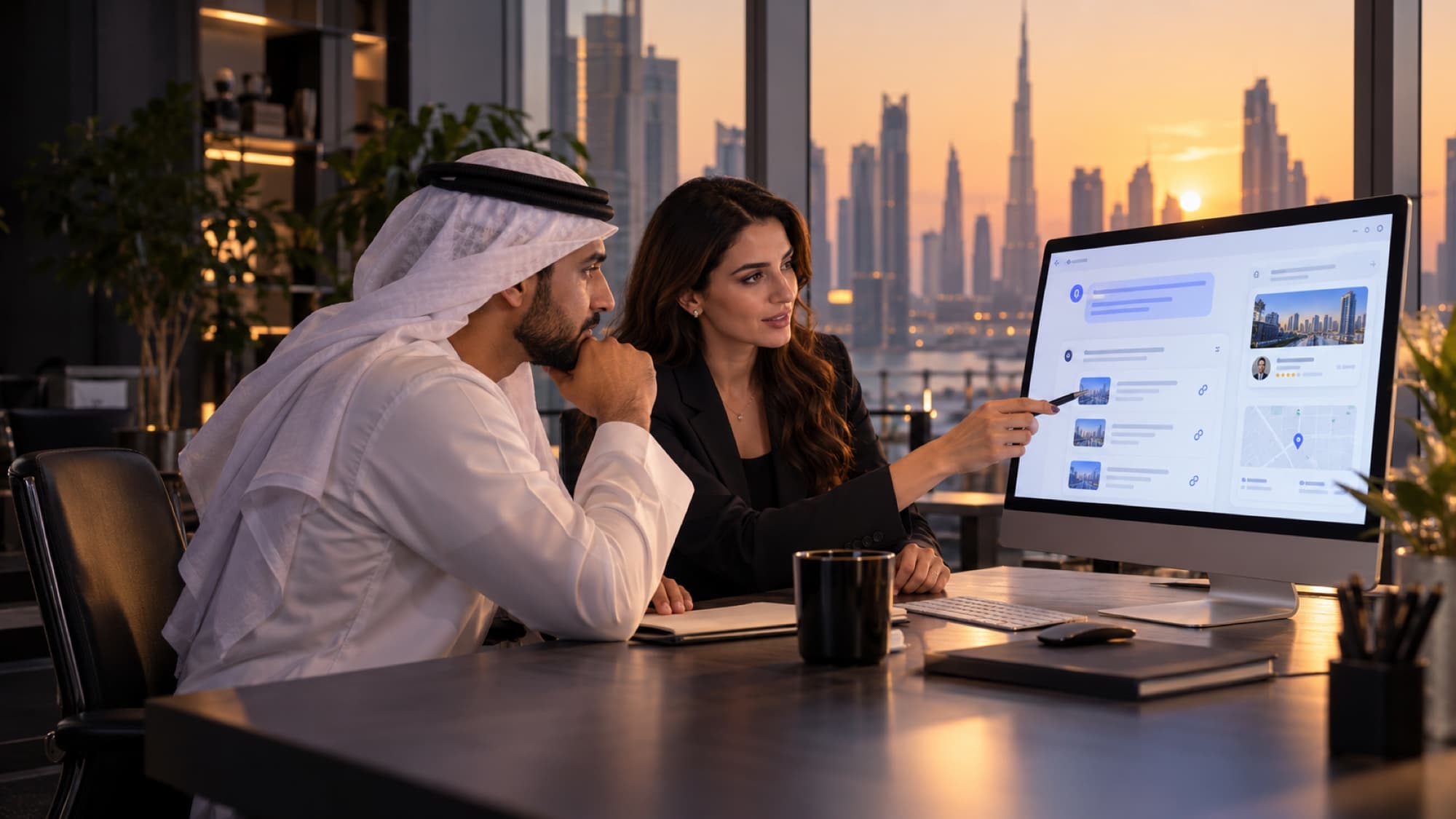 Dubai business owner and digital strategist reviewing an AI search results interface