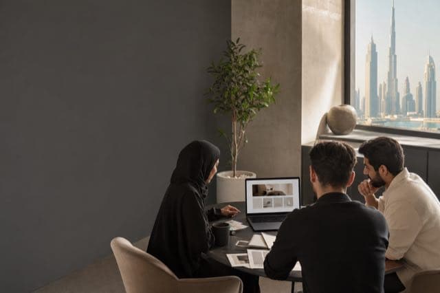 E-commerce strategy team reviewing a Shopify storefront in a Dubai studio