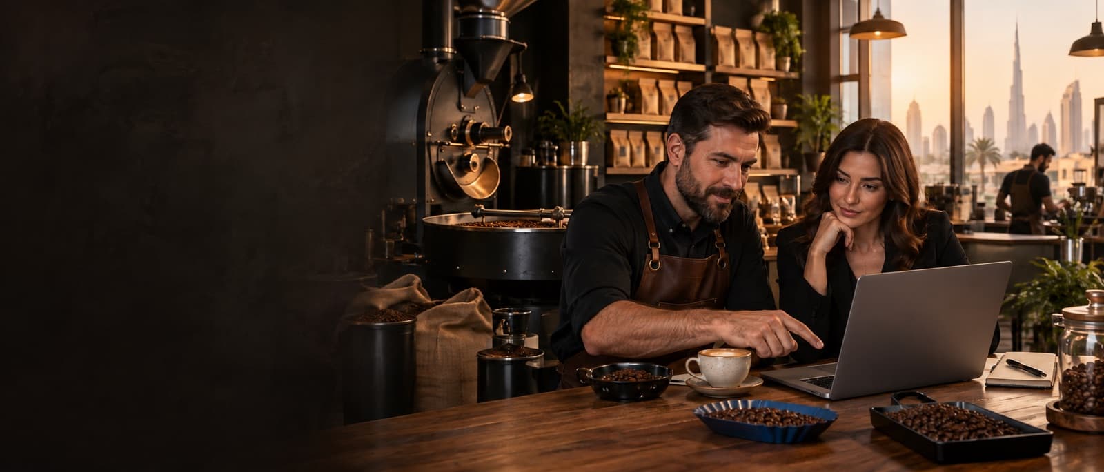 Dubai coffee roastery owner reviewing a Shopify store and marketing plan