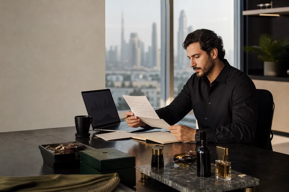 E-commerce strategist reviewing product-page performance in a Dubai workspace