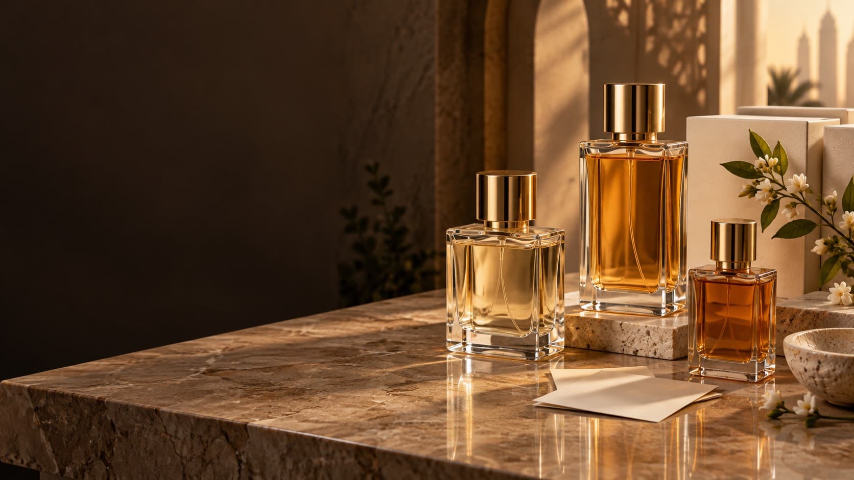 Unbranded perfume bottles and sample cards arranged on a warm stone display for a fragrance e-commerce article