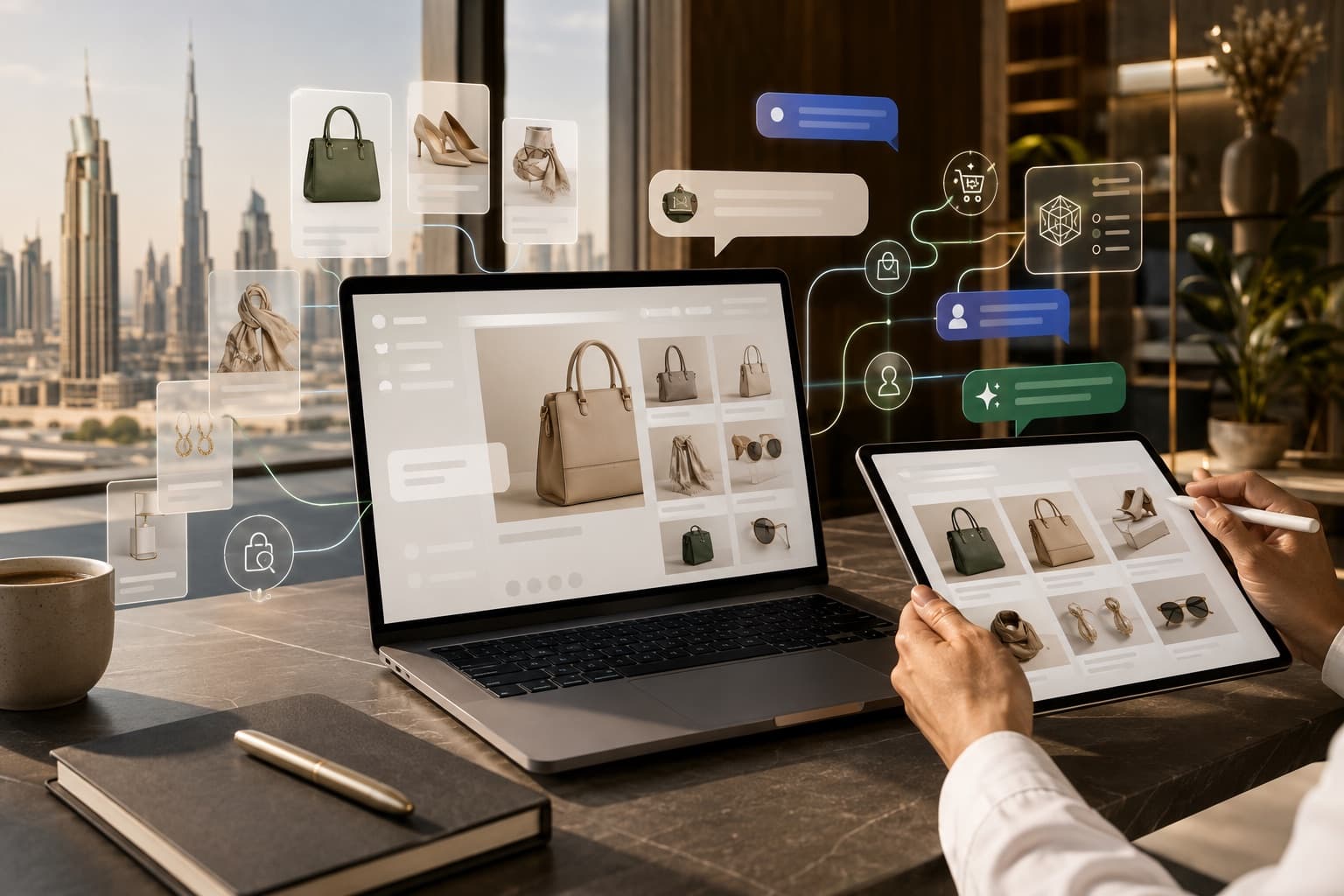 Dubai e-commerce merchant reviewing structured product data for AI shopping on a laptop and tablet