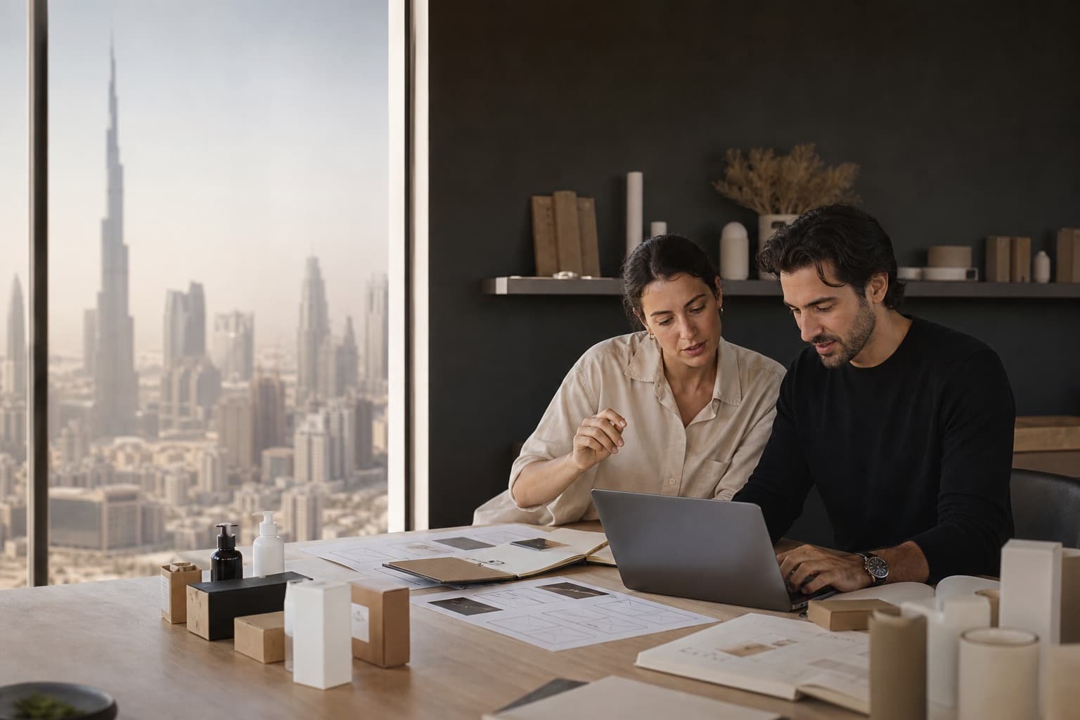 Strategists reviewing e-commerce search and product content in a Dubai office