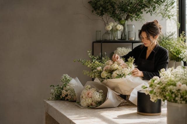 Florist preparing elegant seasonal bouquets for the Diory Flowers case study