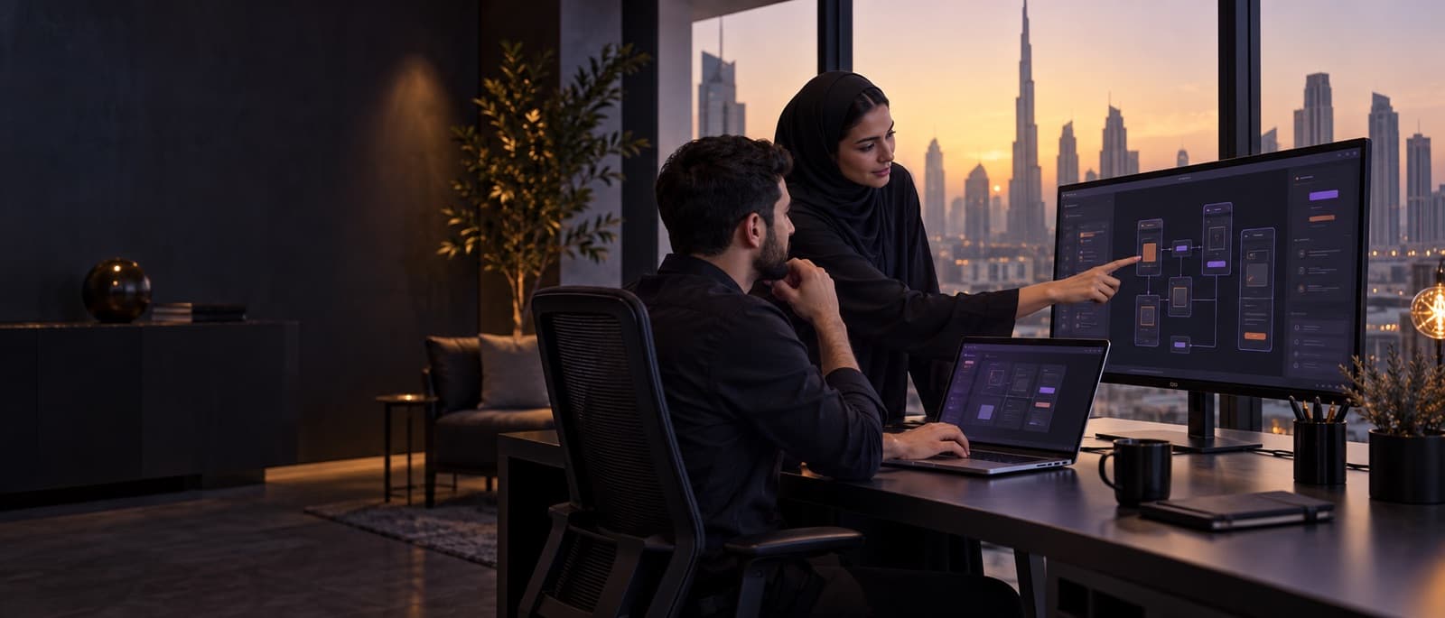 Dubai business team planning a custom web application with a developer