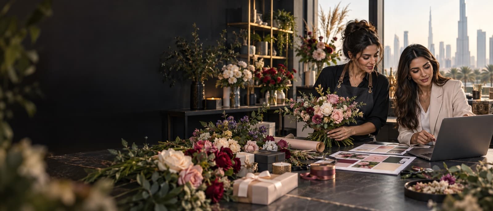 Dubai florist and marketing specialist preparing a seasonal flower campaign