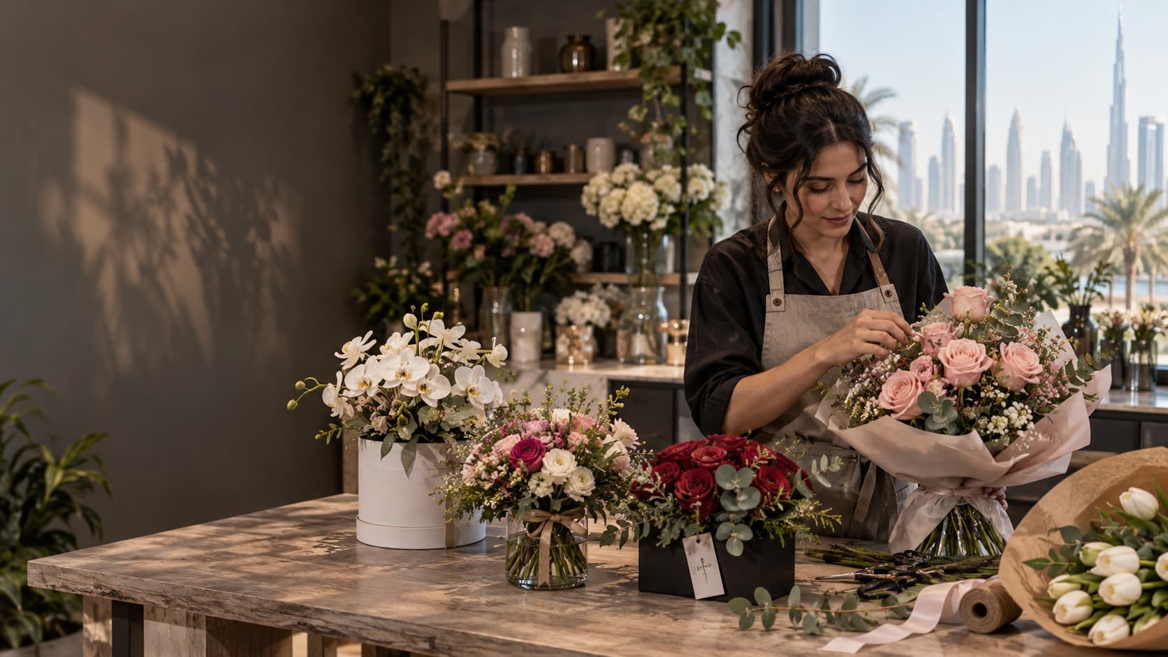 Florist preparing blush bouquets and floral gifts in an elegant workroom