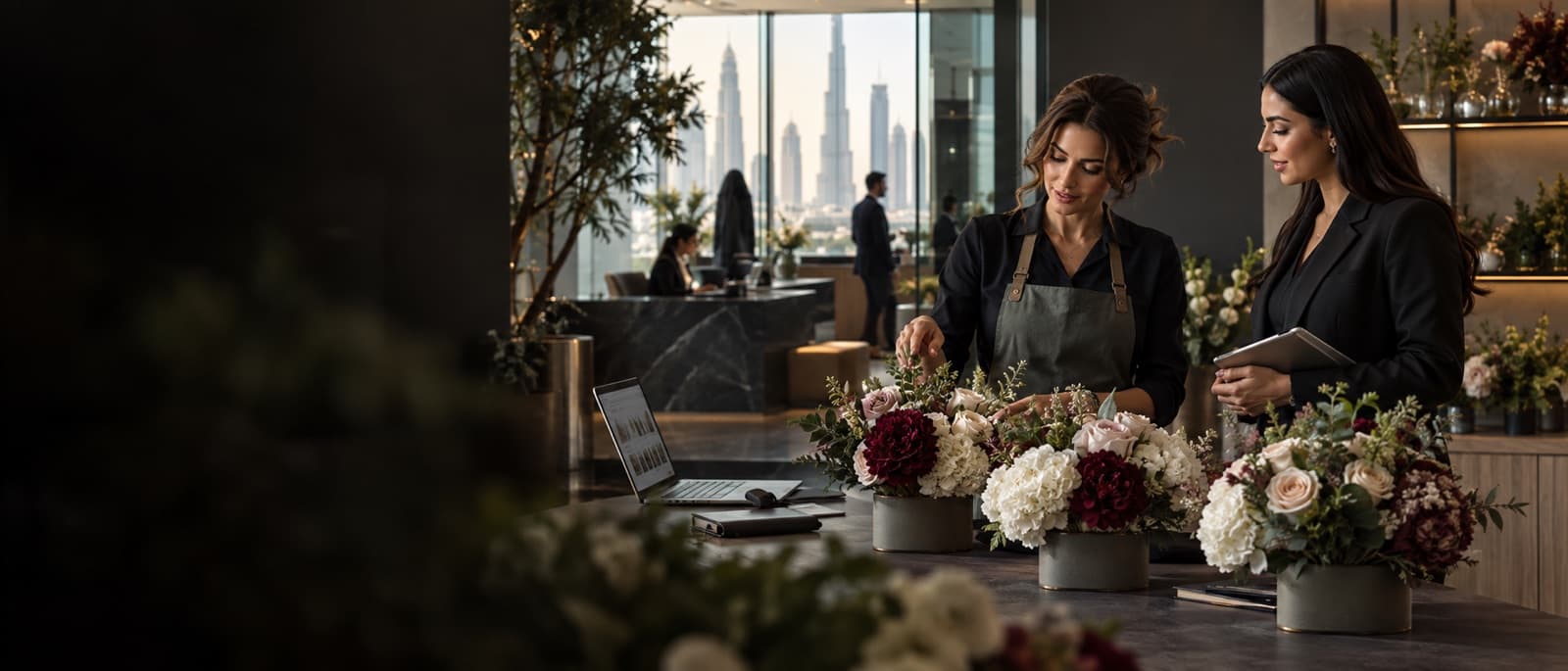 Dubai florist planning recurring office flower arrangements at an e-commerce workspace