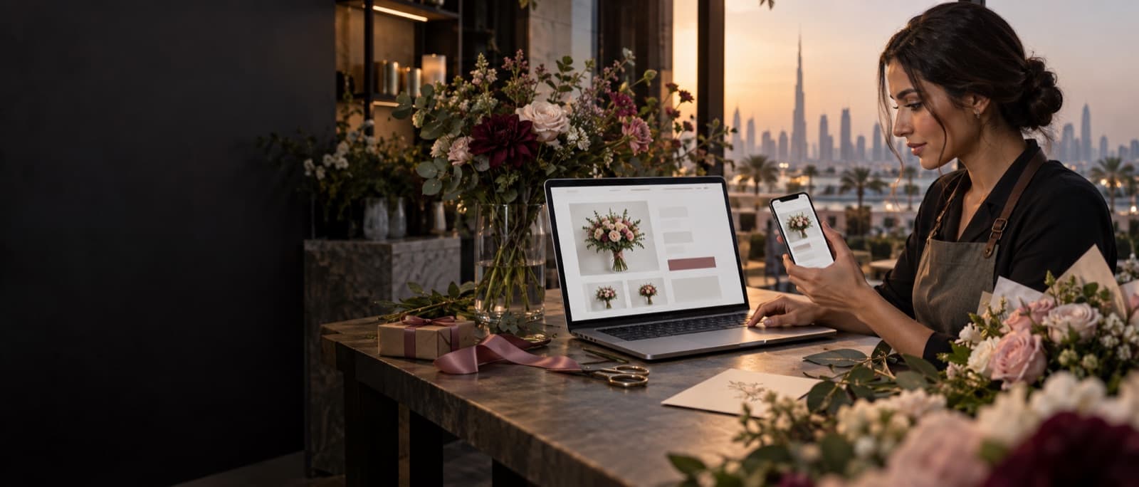 Dubai florist reviewing an online flower shop journey on a laptop and smartphone