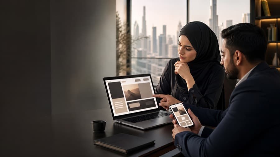Dubai business team reviewing a focused campaign landing page on a laptop and phone