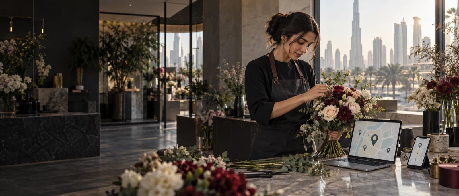 Dubai florist arranging flowers beside devices displaying abstract local map markers