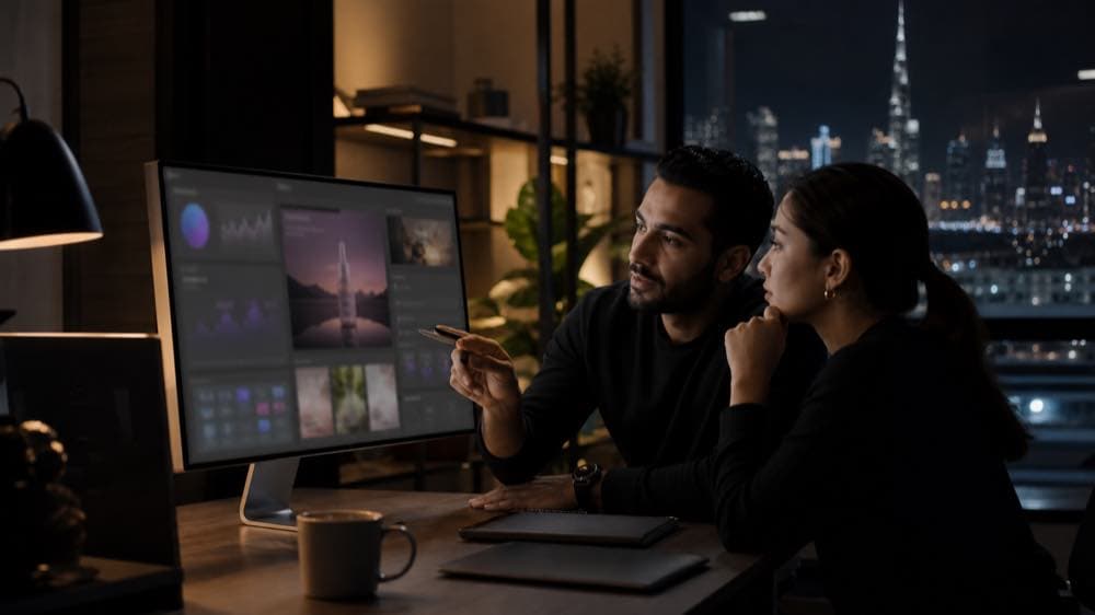 E-commerce marketing team reviewing paid social campaign creative in a Dubai studio