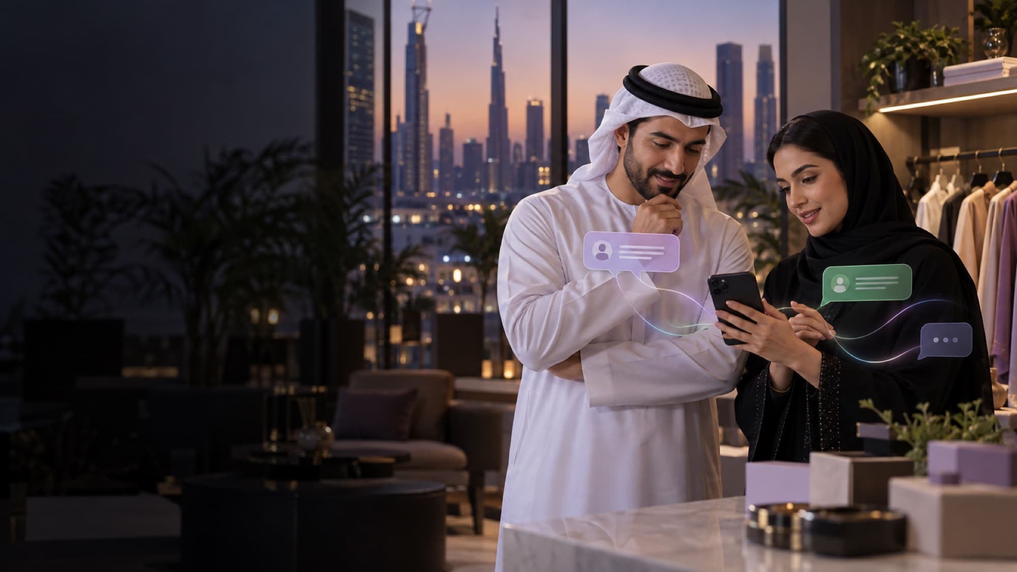 Dubai business team reviewing AI-assisted customer conversations on a smartphone