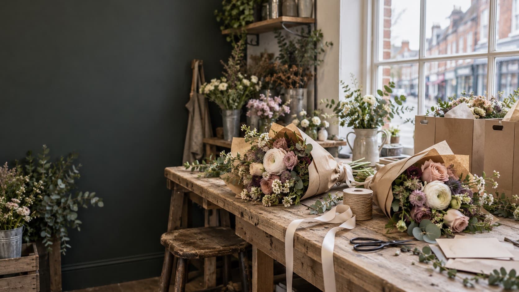 Hand-tied bouquets and delivery packaging on a workbench in an illustrative British florist workshop