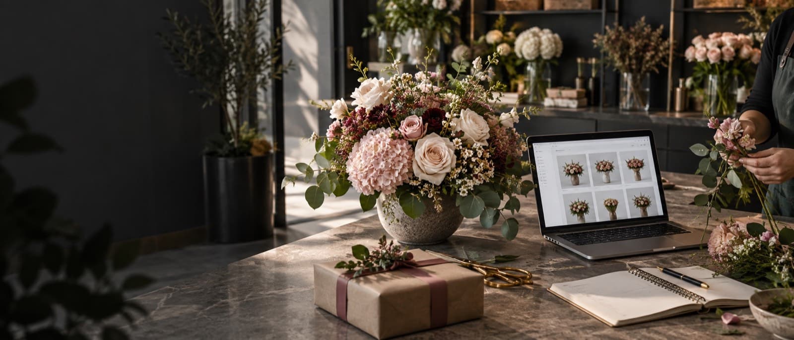 Dubai florist preparing a luxury arrangement beside an online flower shop displayed on a laptop