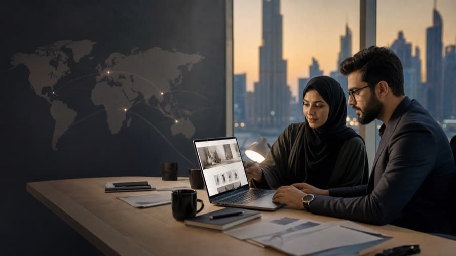 Dubai e-commerce team planning Shopify Markets expansion on a laptop